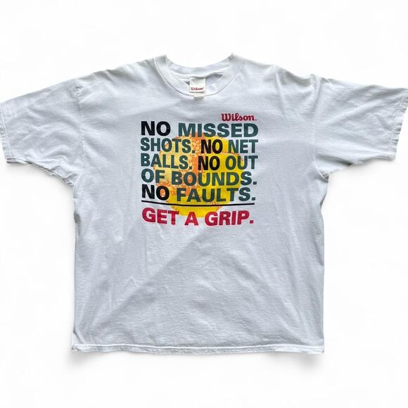 Vintage 90s Wilson Tennis Graphic Shirt No Faults Get a Grip Slogan Tee Size 2XL - Picture 1 of 6